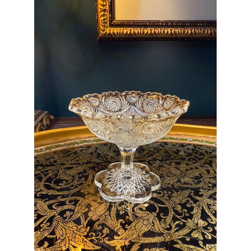 Antique EAPG Compote Bowl: Daisy Button Pattern, Gold Rim Pedestal Dish